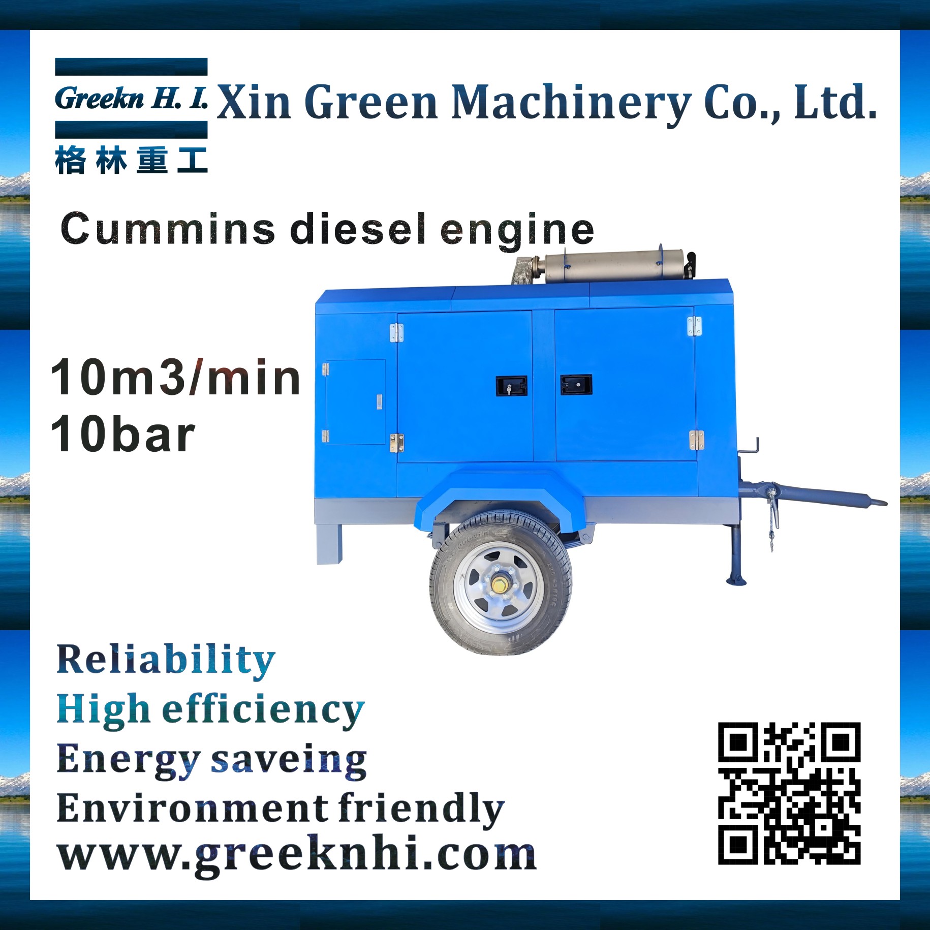 Greeknhi DM10/10 10m3/min 10Bar Cummins Diesel Engine Portable Screw Air Compressor For Mining Industry